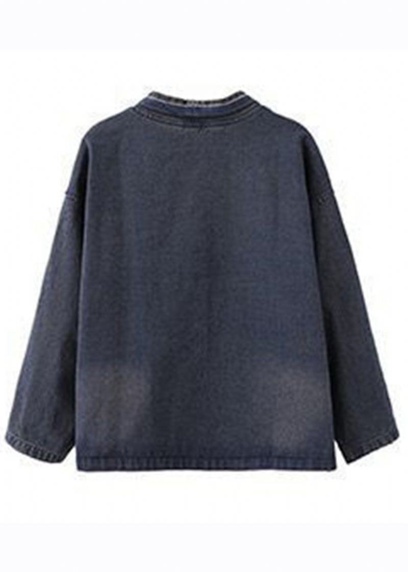 Manteau En Denim Boutonné Bleu Ample À Col En V Et Manches Longues - Manteaux d'hiver femmes