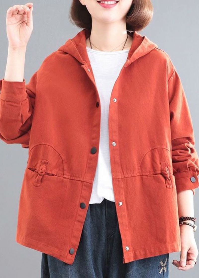 Manteau En Denim À Capuche Orange Décontracté Avec Boutons Chinois Et Manches Longues - Manteaux d'hiver femmes