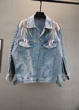 Manteau En Denim De Coton Bleu Français Col Peter Pan Brodé Pompon Patchwork Manches Longues