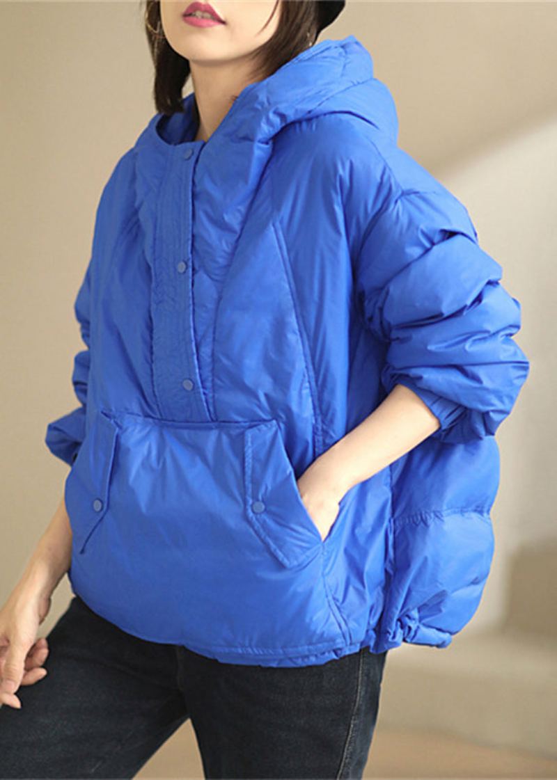 Manteau En Duvet De Canard Patchwork Avec Poches Bleues À Capuche Et Manches Longues