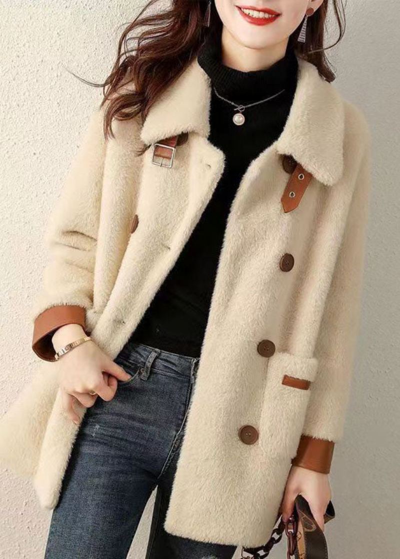 Manteau En Fausse Fourrure Beige Français Avec Poches Et Col Peter Pan Automne
