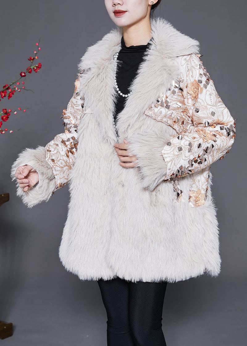 Manteau D'hiver En Fausse Fourrure À Motif Floral Beige Italien - Manteaux d'hiver femmes