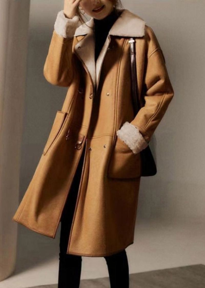 Manteau D'hiver En Faux Suède Polaire Chaud Avec Poches Boutonnées Chameau Français - Manteaux d'hiver femmes