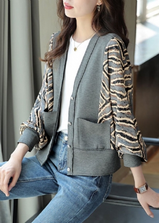 Manteau Imprimé Léopard Gris Naturel Patchwork Col En V Automne