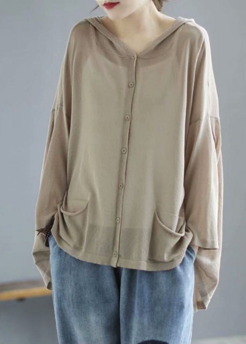 Manteau Kaki Moderne À Capuche Design Bas Poches Hautes Tricot En Lin Upf 50+ Été - Manteaux d'hiver femmes