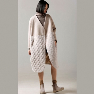 Manteau En Laine Beige À La Mode Longueur Moyenne Patchwork Col En V