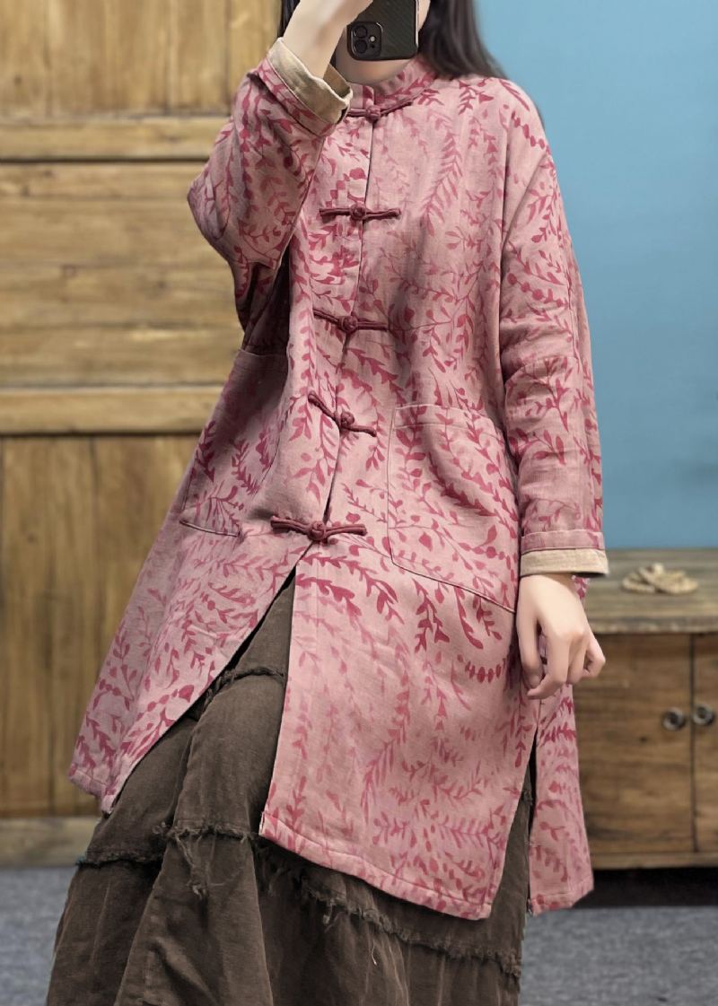 Manteau En Lin Ample Rose Avec Poches Boutonnées Et Manches Longues - Manteaux d'hiver femmes