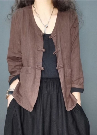 Manteau En Lin À Col En V Et Poches Boutonnées Au Chocolat De Grande Taille À Manches Longues