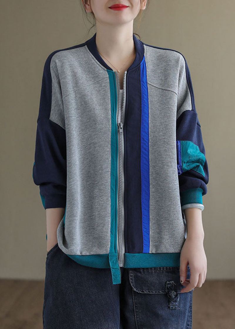 Manteau À Manches Longues D'automne Avec Poches Patchwork Zippées Et Roses Amples - Rose
