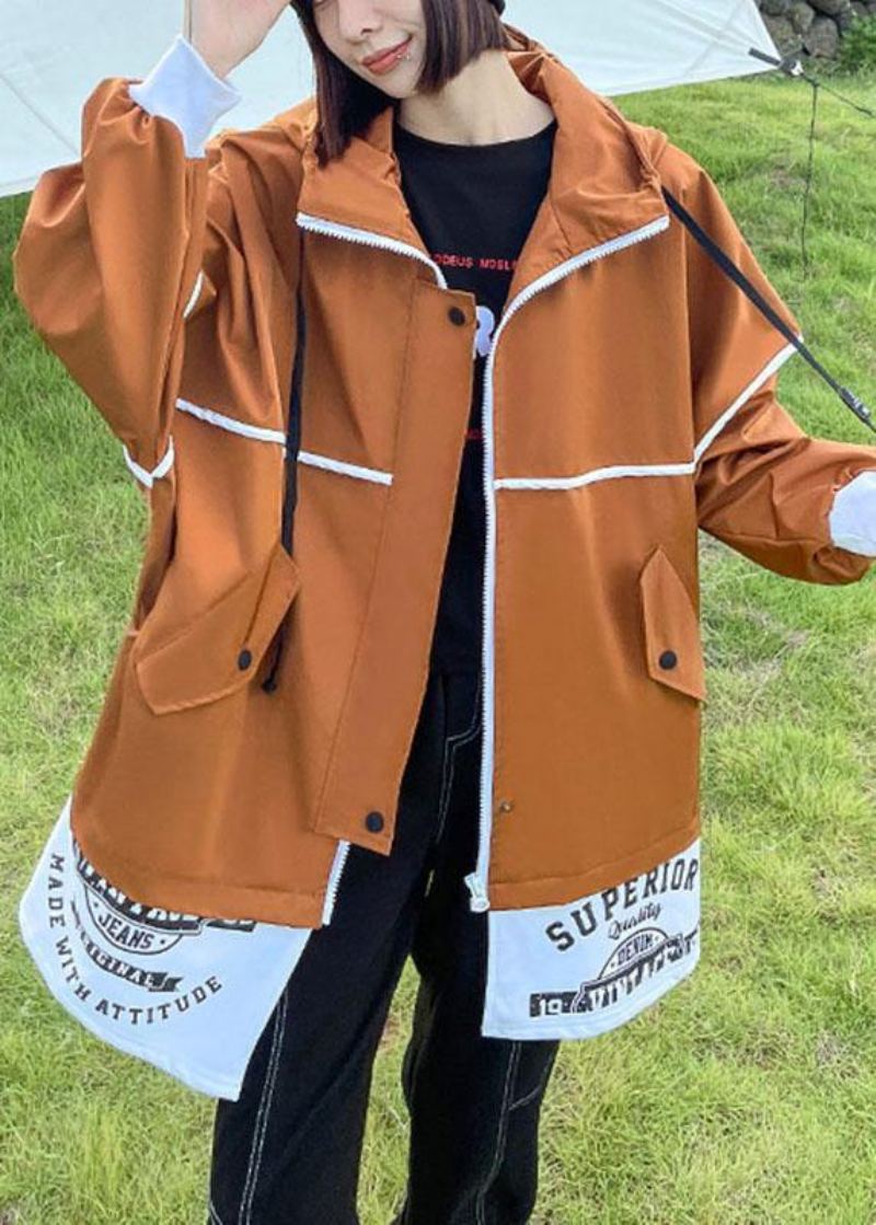 Manteau À Manches Longues En Patchwork D'automne Avec Poches Caramel Uniques Et Fermeture Éclair - Manteaux d'hiver femmes