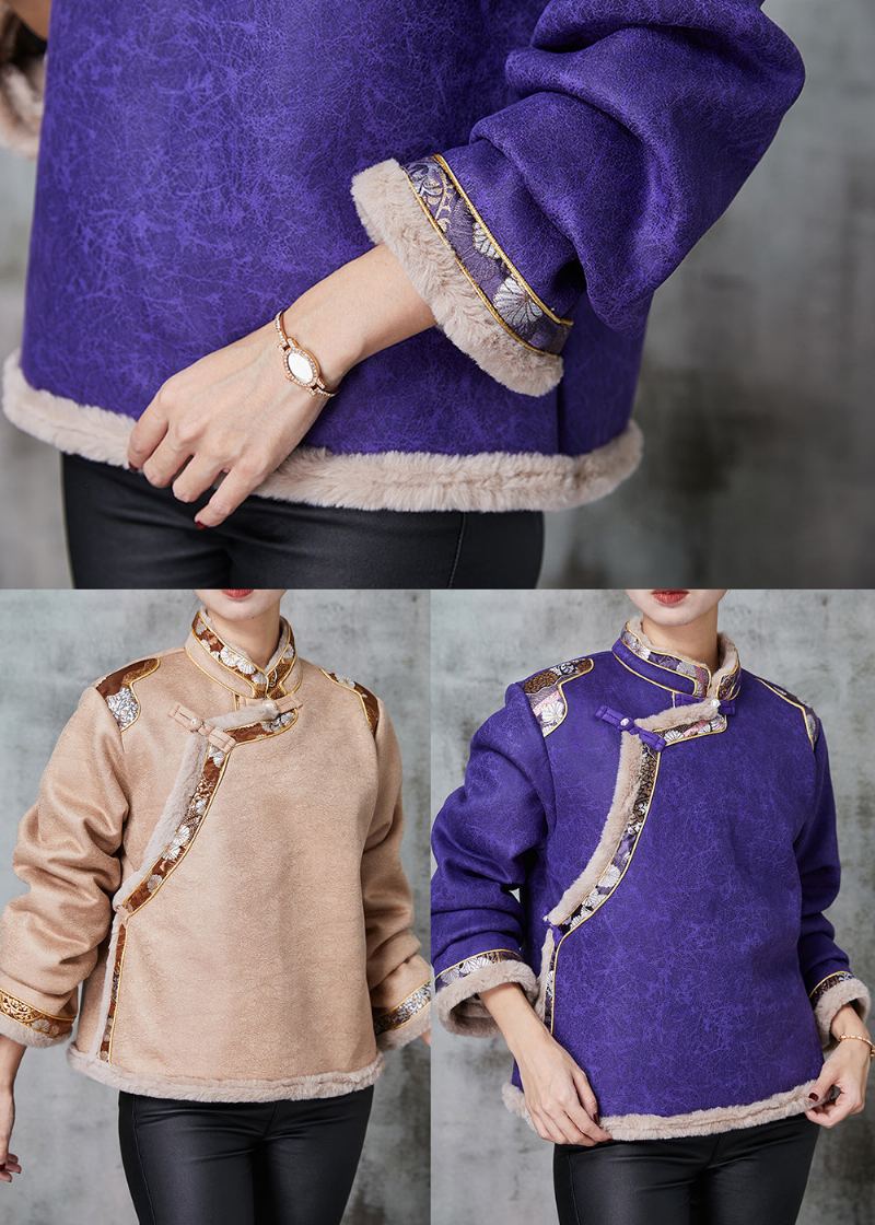 Manteau Oriental En Polaire Chaude Patchwork Violet Col Mandarin Printemps - Manteaux d'hiver femmes