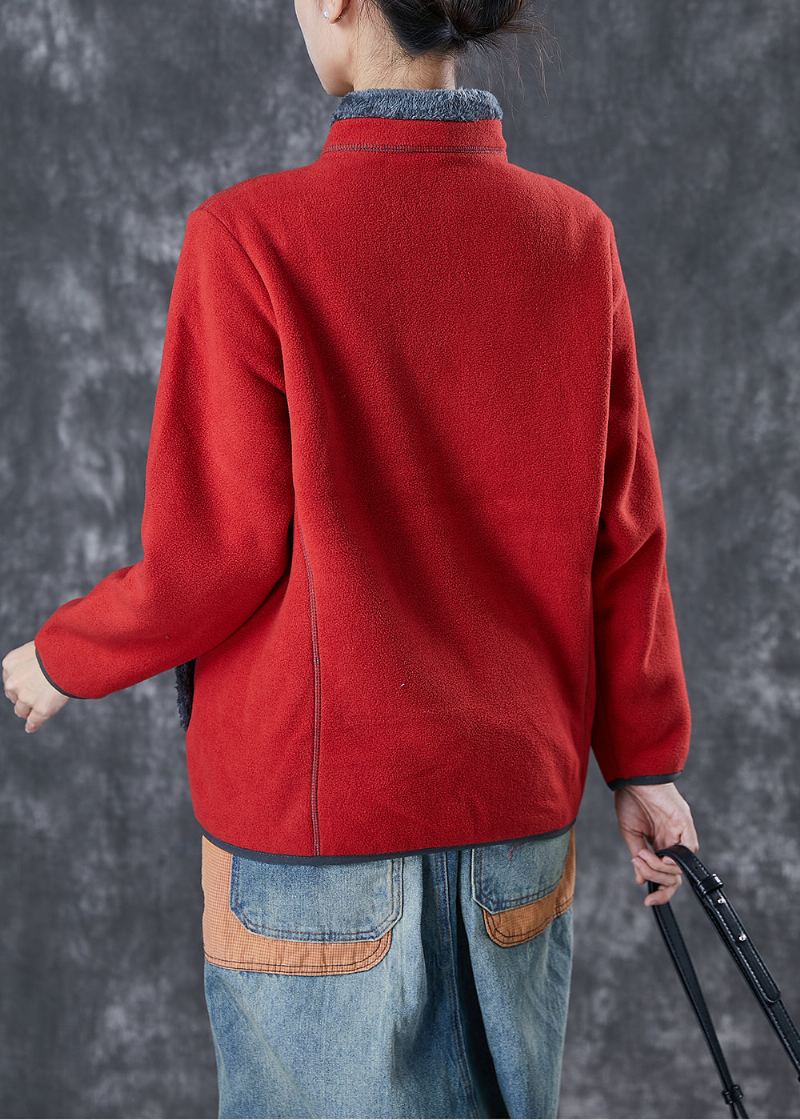 Manteau Polaire Chaud Brodé Rouge Simple Hiver - Manteaux d'hiver femmes