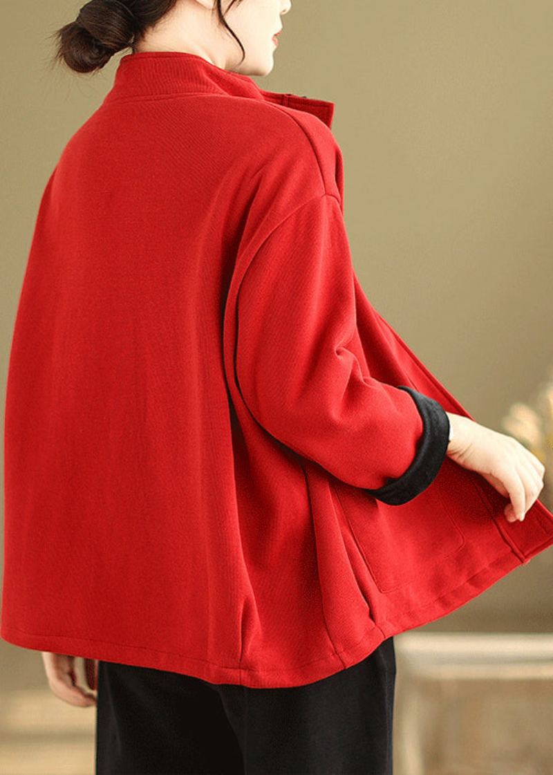 Manteau Polaire Chaud Et Ample Avec Boutons Rouges Col Montant Manches Longues - Manteaux d'hiver femmes