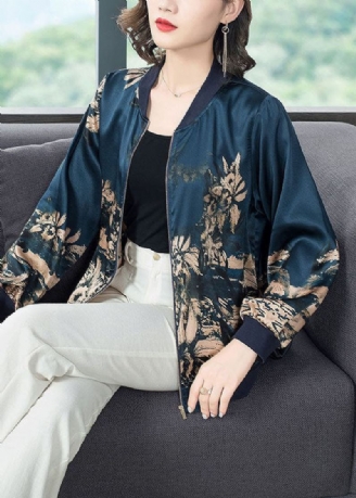 Manteau En Soie Imprimé Bleu Marine À Col Montant Et Fermeture Éclair De Grande Taille Vêtements D'extérieur D'automne