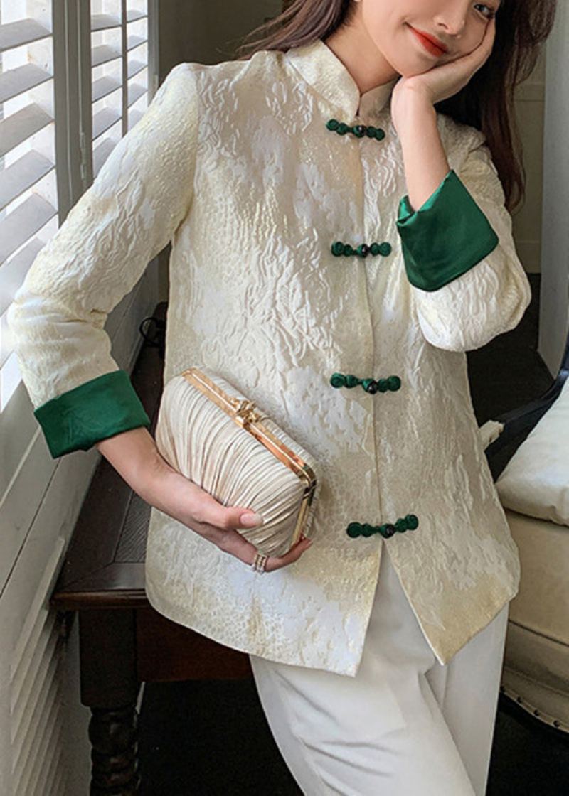 Manteau En Soie Jacquard À Col Montant Blanc Manches Longues Boutique - Manteaux d'hiver femmes