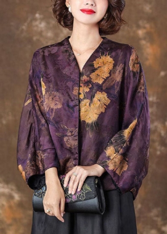 Manteau En Soie Patchwork Imprimé Rétro Violet Col En V Manches Chauve-souris