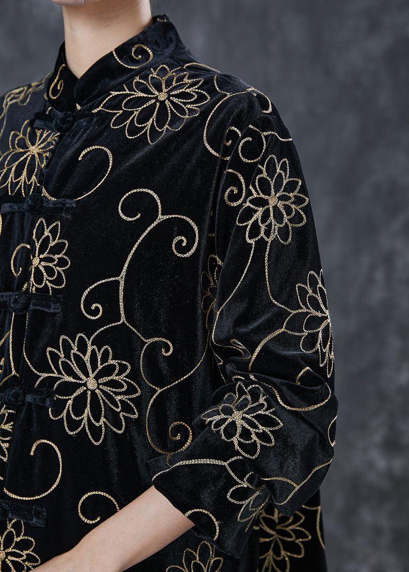 Manteau En Velours De Soie Avec Boutons Chinois En Jacquard Noir Unique Printemps - Manteaux d'hiver femmes