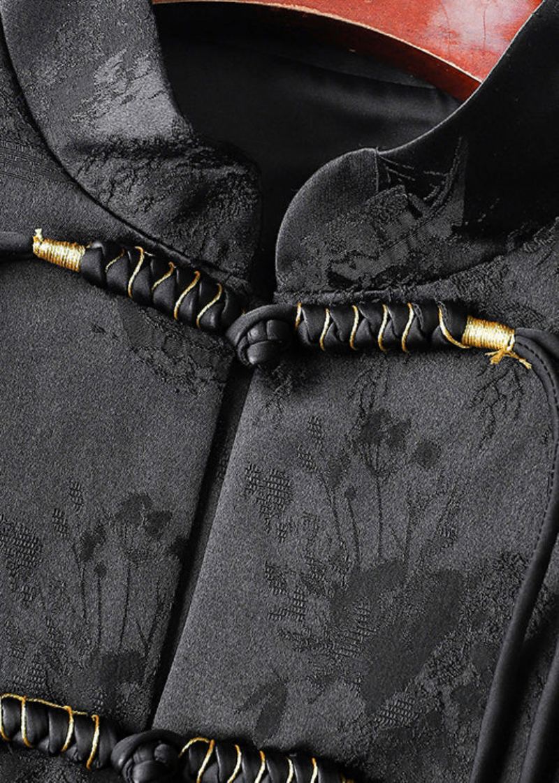 Manteau En Velours De Soie Patchwork Jacquard À Pompons Noir Vintage Automne - Manteaux d'hiver femmes