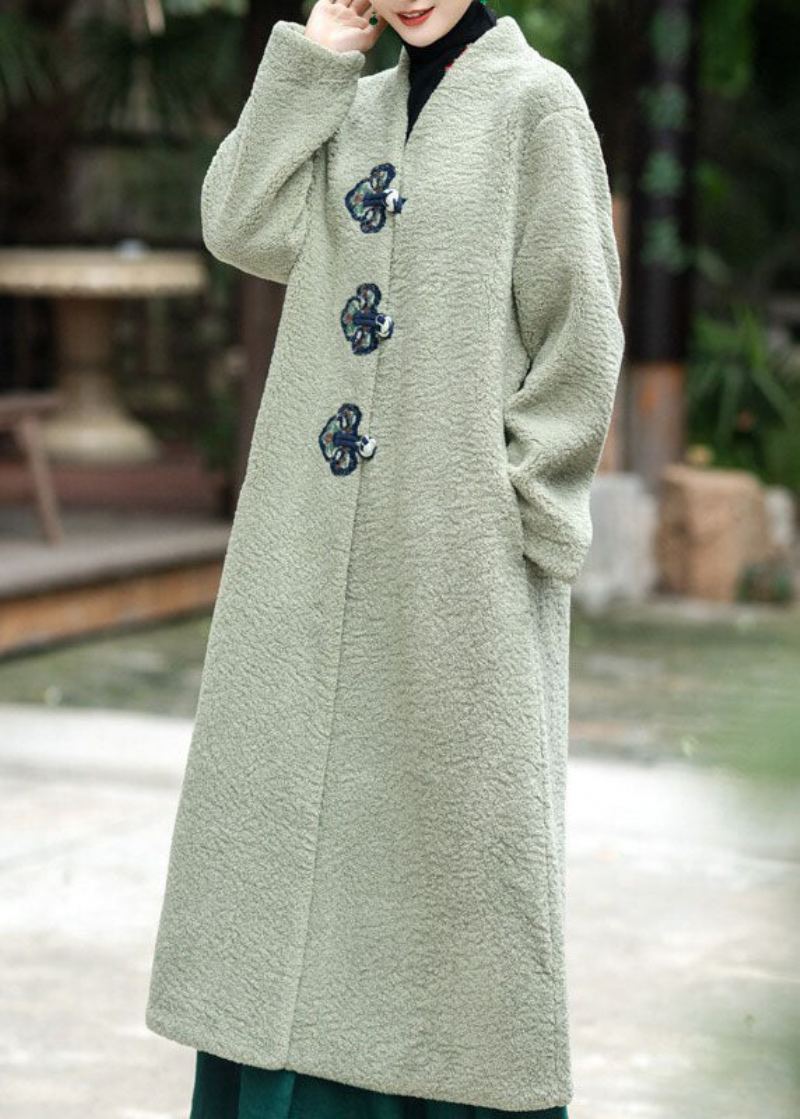 Manteaux Allongés En Fausse Fourrure Épaisse Brodée À Col En V Beige Moderne Pour L'hiver - Beige