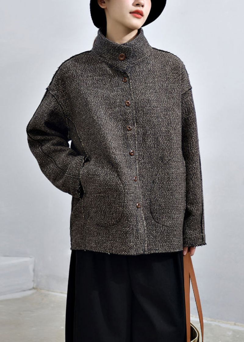 Manteaux En Cachemire Amples Gris Foncé Avec Poches Boutonnées Patchwork Automne - Manteaux d'hiver femmes