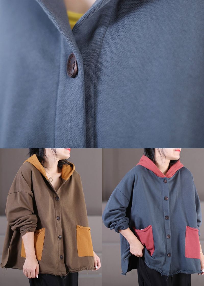 Manteaux À Capuche En Coton Avec Boutons De Couleur Bleu Gris Automne - Couleur Bleu Gris