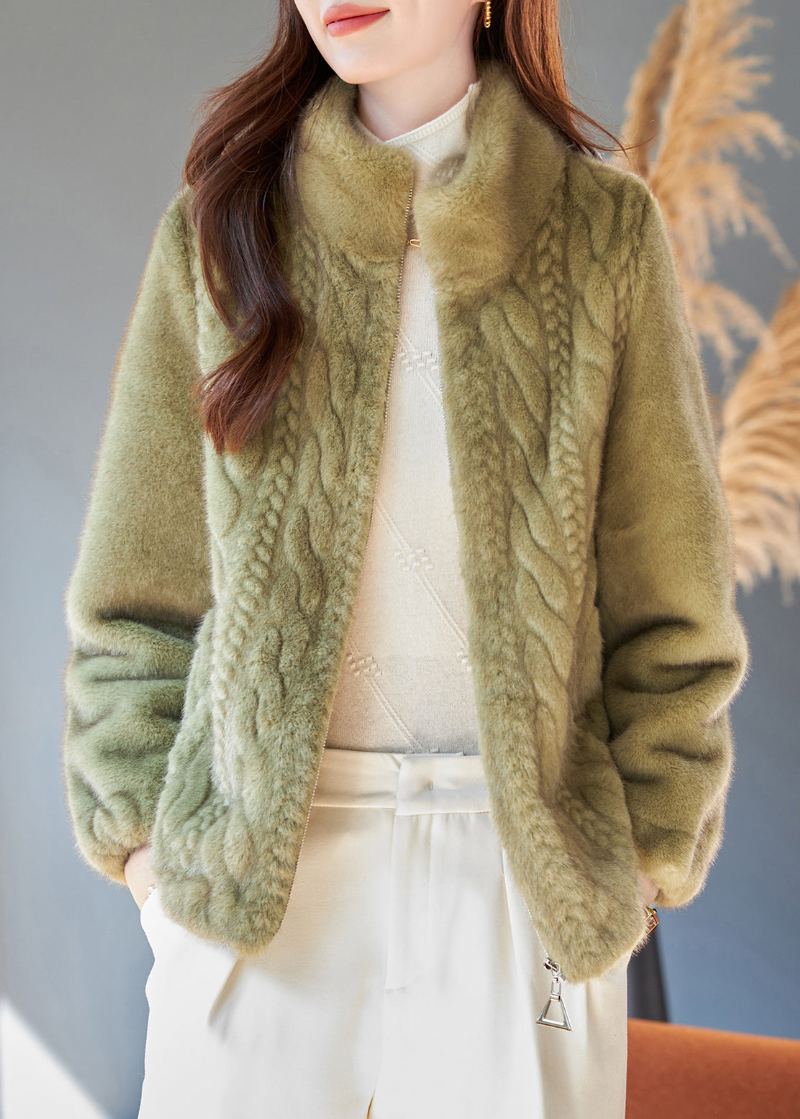 Manteaux Chauds En Velours De Vison Vert Herbe Française Col Montant Hiver - Manteaux d'hiver femmes