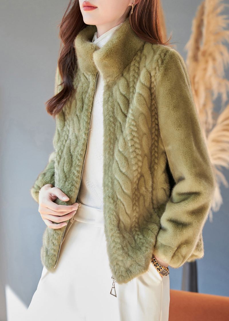 Manteaux Chauds En Velours De Vison Vert Herbe Française Col Montant Hiver - Manteaux d'hiver femmes