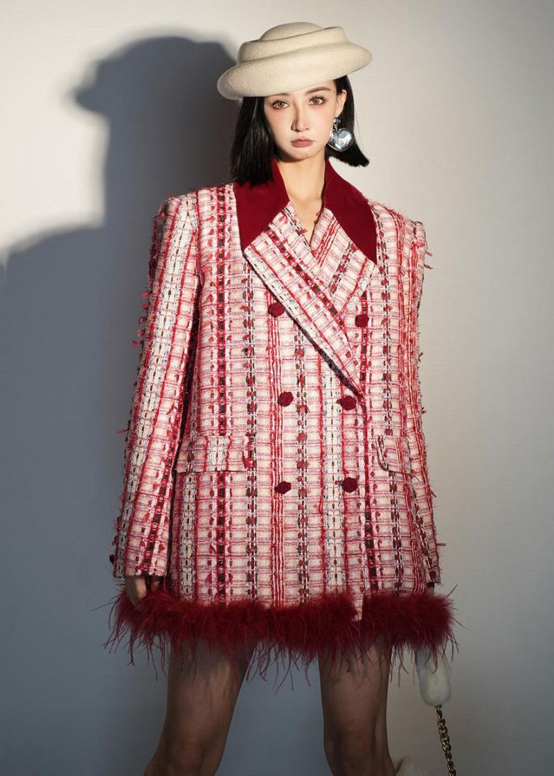 Manteaux En Coton Patchwork Rouge Ample Double Poitrine Moelleux Hiver