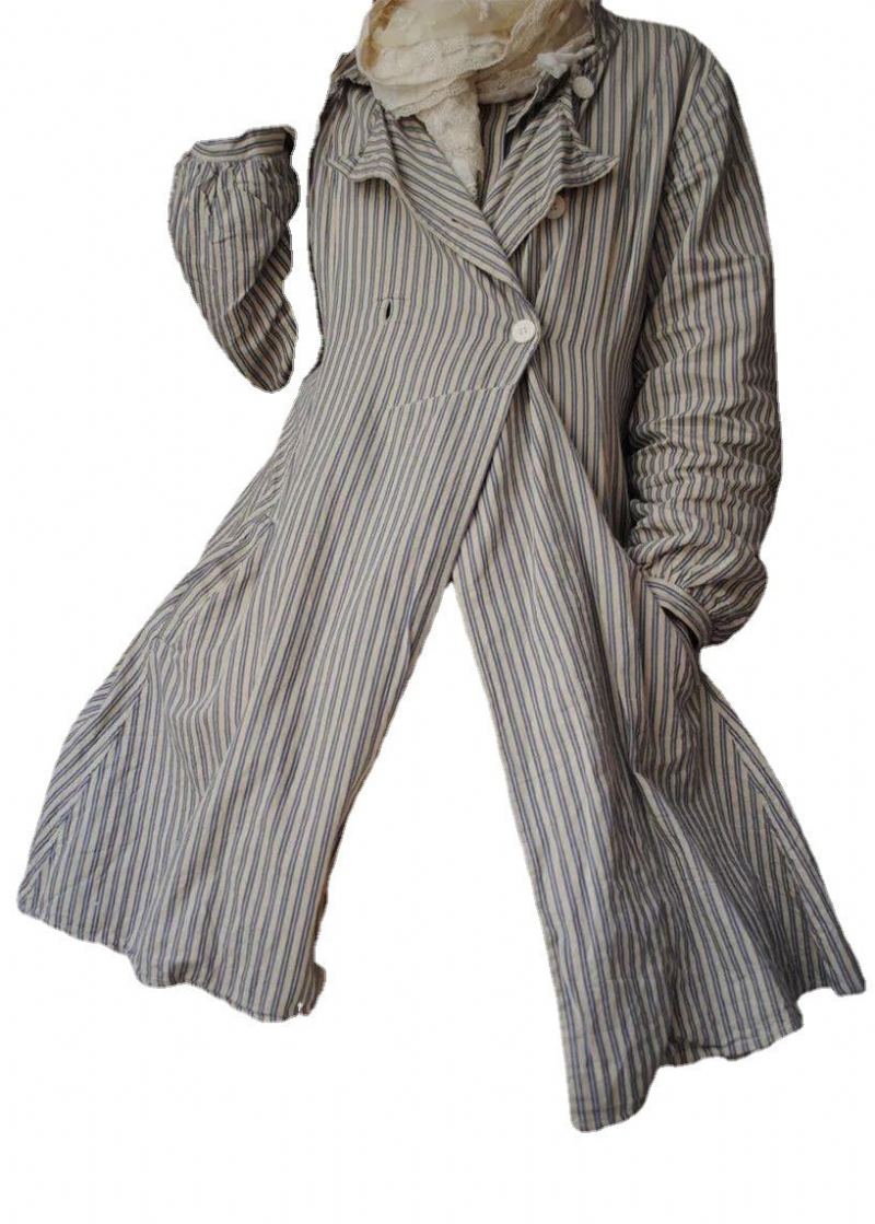 Manteaux En Coton À Rayures Françaises Poches Boutonnées Manches Longues - Manteaux d'hiver femmes