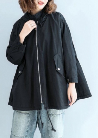 Manteaux Courts D'automne À Capuche Noir Biologique Vêtements Fins Manches Zippées