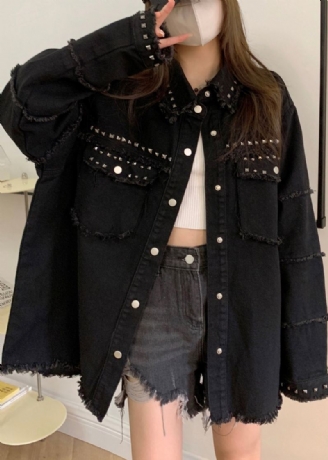Manteaux En Denim Avec Poches Noires Amples Perles À Ongles Manches Longues