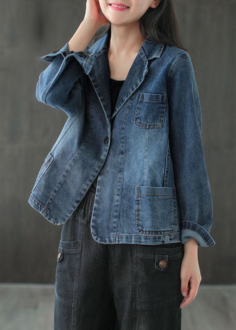 Manteaux En Denim Bleu Avec Poches Boutonnées Grande Taille Col En V Manches Longues - Manteaux d'hiver femmes