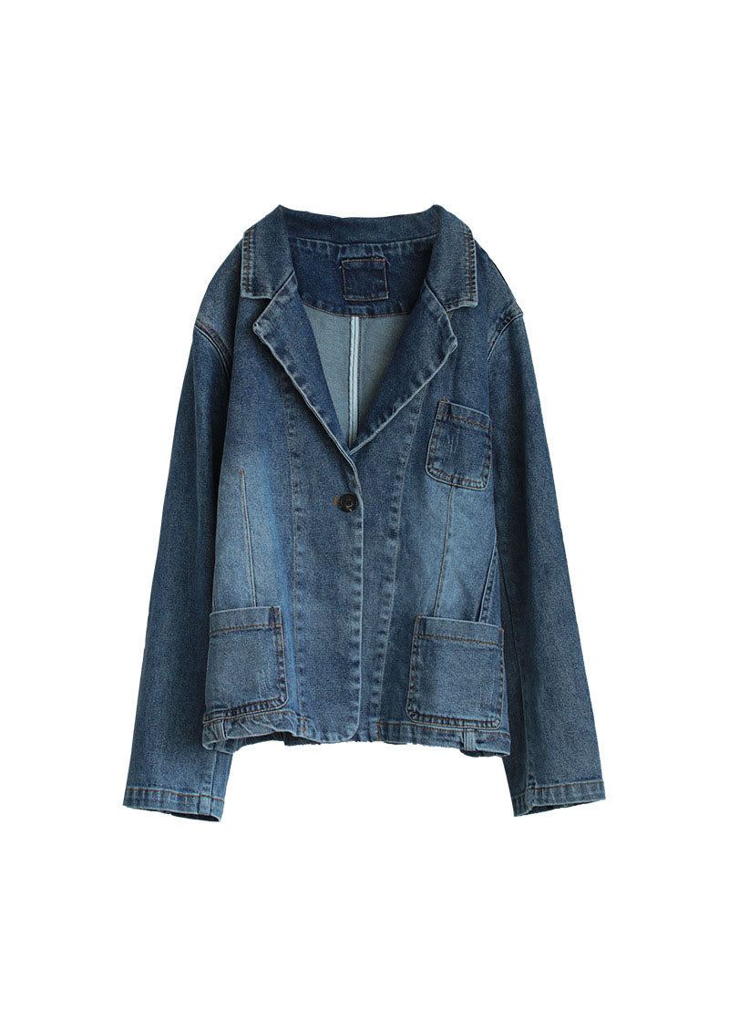 Manteaux En Denim Bleu Avec Poches Boutonnées Grande Taille Col En V Manches Longues - Manteaux d'hiver femmes