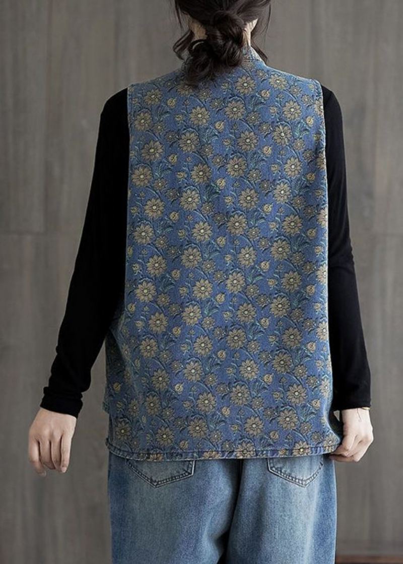 Manteaux En Denim À Boutons Imprimés Bleu Clair De Style Chinois Sans Manches - Bleu Clair