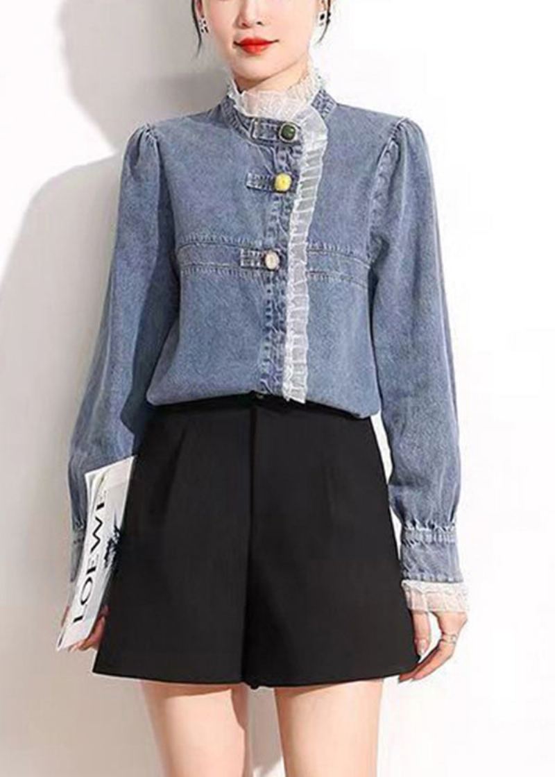 Manteaux En Denim De Coton Bleu Français Col Montant Asymétrique Dentelle Patchwork Manches Longues - Manteaux d'hiver femmes