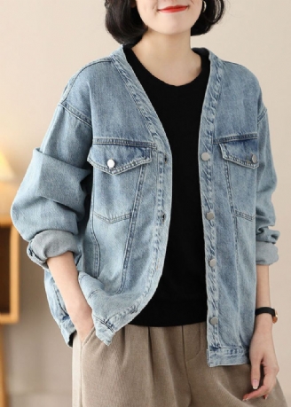 Manteaux En Denim De Coton Surdimensionnés À Col En V Bleu Clair Moderne Printemps