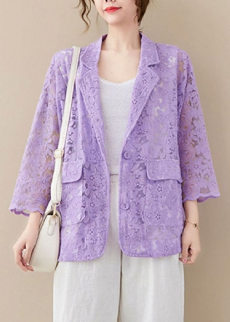 Manteaux En Dentelle Ample Violet Poche Ajourée Manches Longues