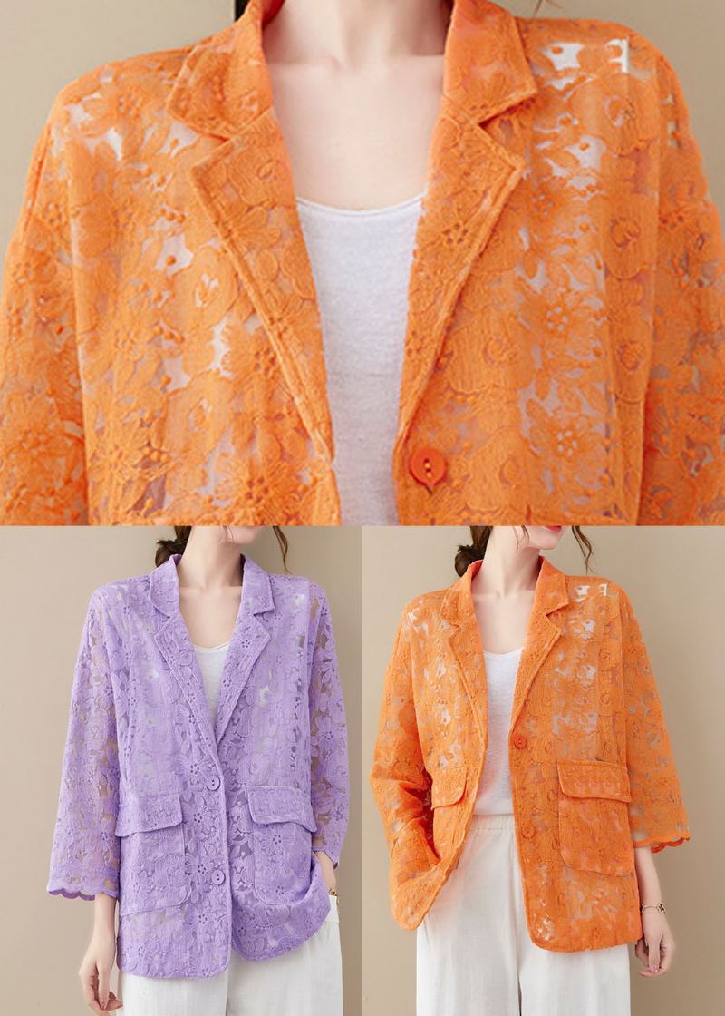 Manteaux En Dentelle Ample Violet Poche Ajourée Manches Longues - Orange