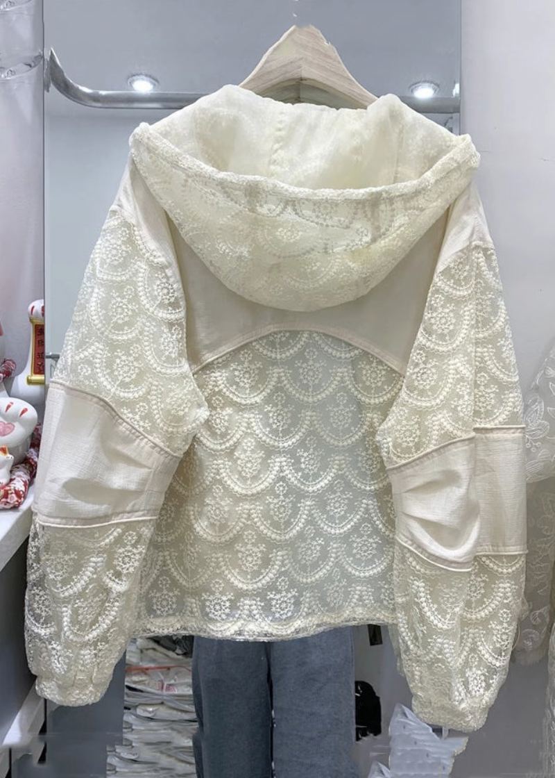 Manteaux En Dentelle Patchwork À Capuche Beige Ample Avec Fermeture Éclair À Manches Longues - Manteaux d'hiver femmes