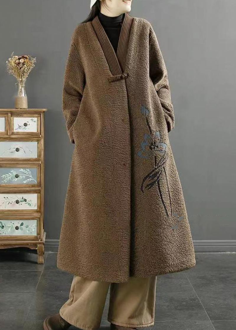 Manteaux En Fausse Fourrure Brodés De Chocolat De Grande Taille Avec Boutons Chinois Hiver - Manteaux d'hiver femmes