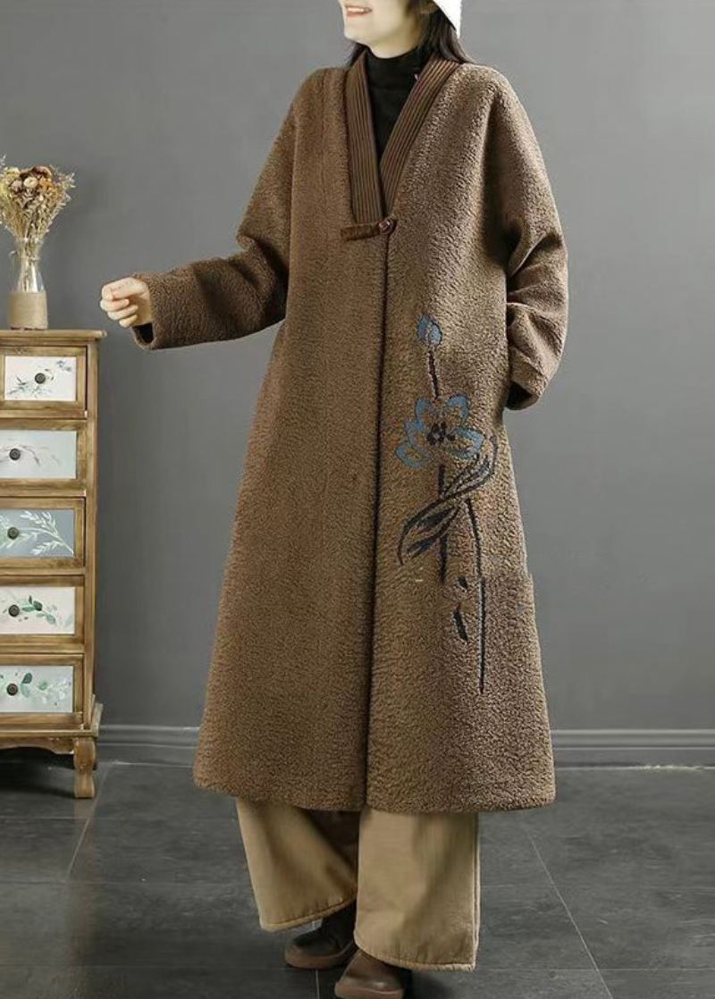 Manteaux En Fausse Fourrure Brodés De Chocolat De Grande Taille Avec Boutons Chinois Hiver - Manteaux d'hiver femmes