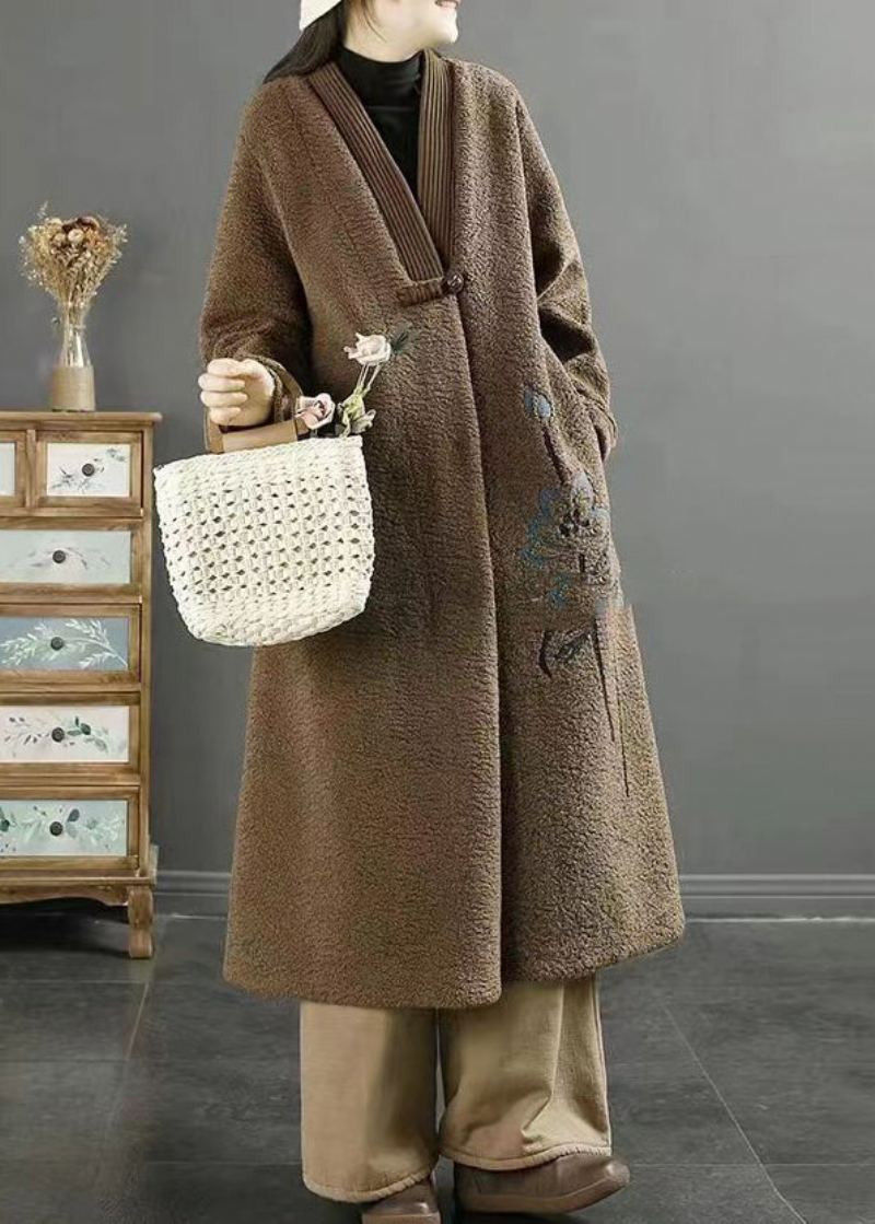 Manteaux En Fausse Fourrure Brodés De Chocolat De Grande Taille Avec Boutons Chinois Hiver - Manteaux d'hiver femmes