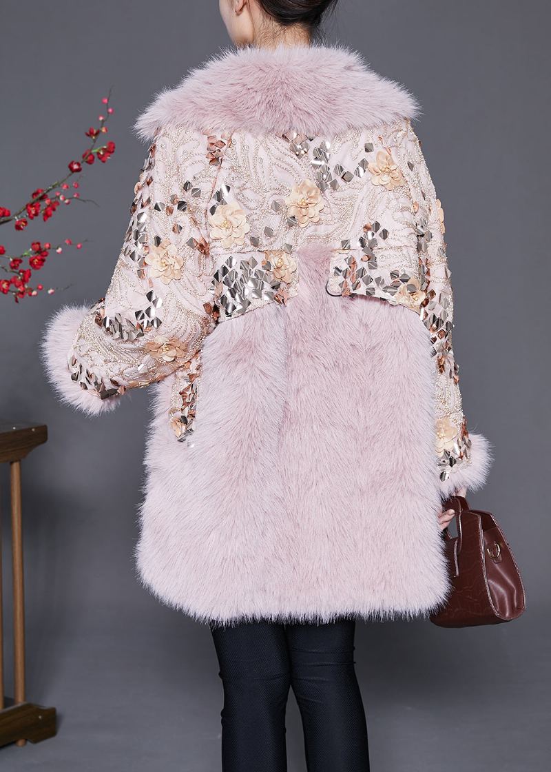 Manteaux En Fausse Fourrure Rose Patchwork Surdimensionné Perles À Ongles Hiver - Manteaux d'hiver femmes