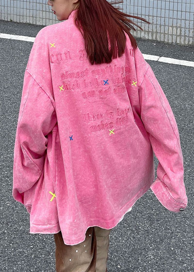 Manteaux En Jean Patchwork Rose Ample Avec Boutons Brodés Automne
