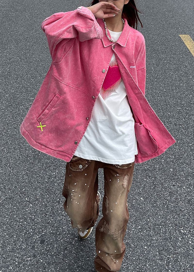 Manteaux En Jean Patchwork Rose Ample Avec Boutons Brodés Automne - Manteaux d'hiver femmes