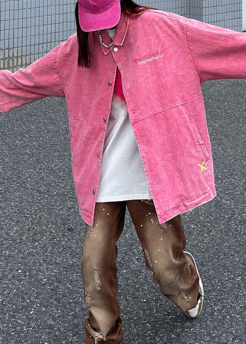 Manteaux En Jean Patchwork Rose Ample Avec Boutons Brodés Automne - Manteaux d'hiver femmes