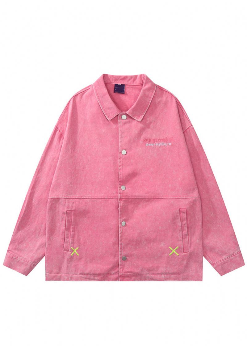 Manteaux En Jean Patchwork Rose Ample Avec Boutons Brodés Automne - Manteaux d'hiver femmes