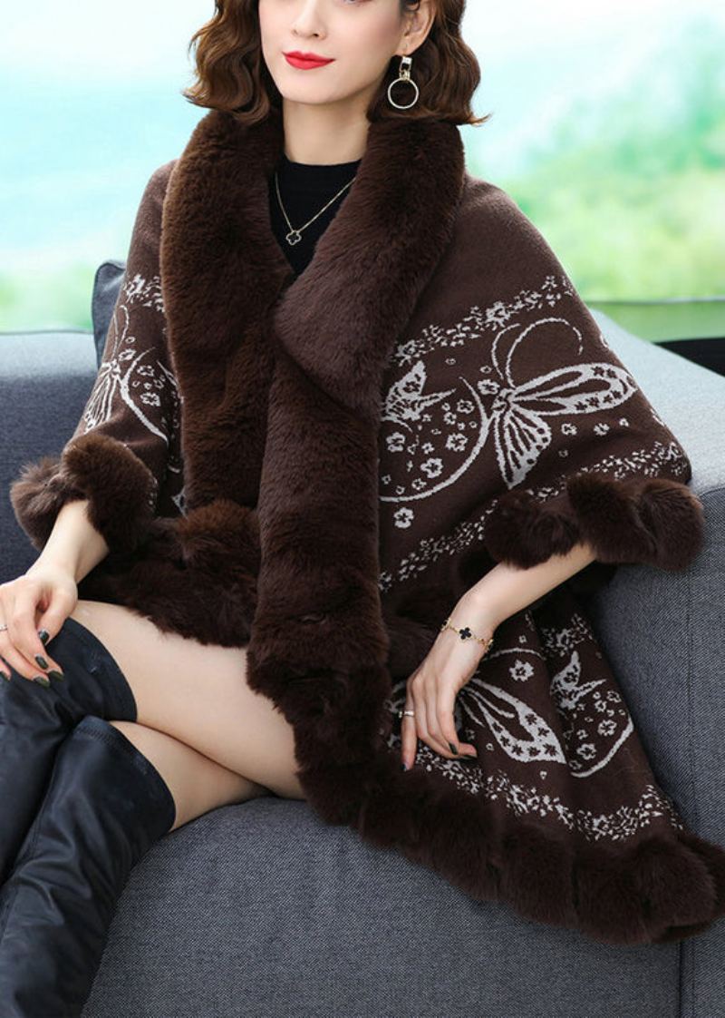 Manteaux En Laine Patchwork Imprimé Café Design Bas Col En Fourrure Manches Chauve-souris - Manteaux d'hiver femmes