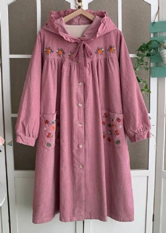 Manteaux Longs En Coton À Lacets Brodés À Capuche Rose De Grande Taille Printemps