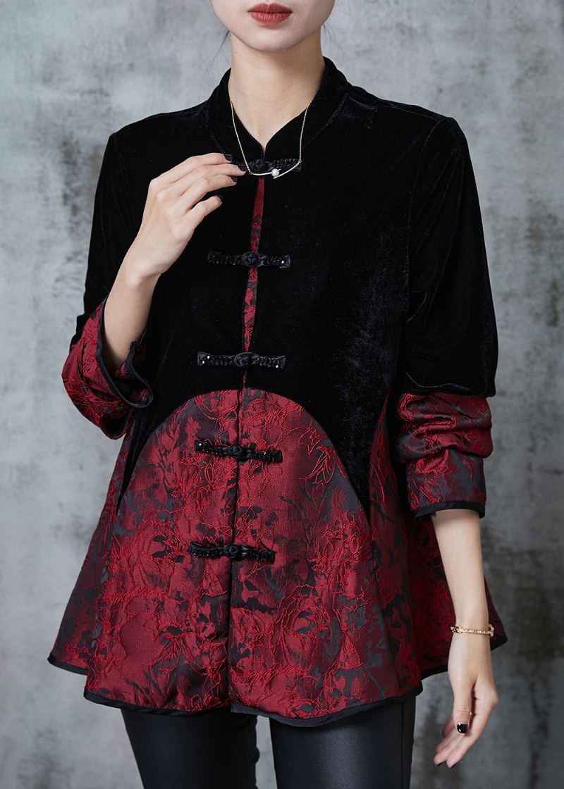 Manteaux Orientaux En Velours Élégants Boutons Chinois Noirs Patchwork Automne - Manteaux d'hiver femmes